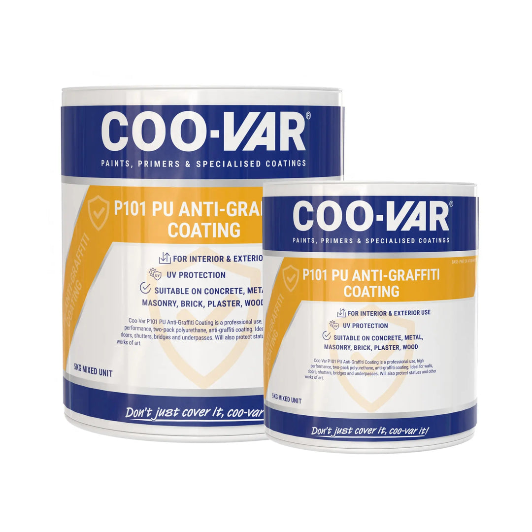 Two cans of COO-VAR P101 PU Anti-Graffiti Coating on a white background