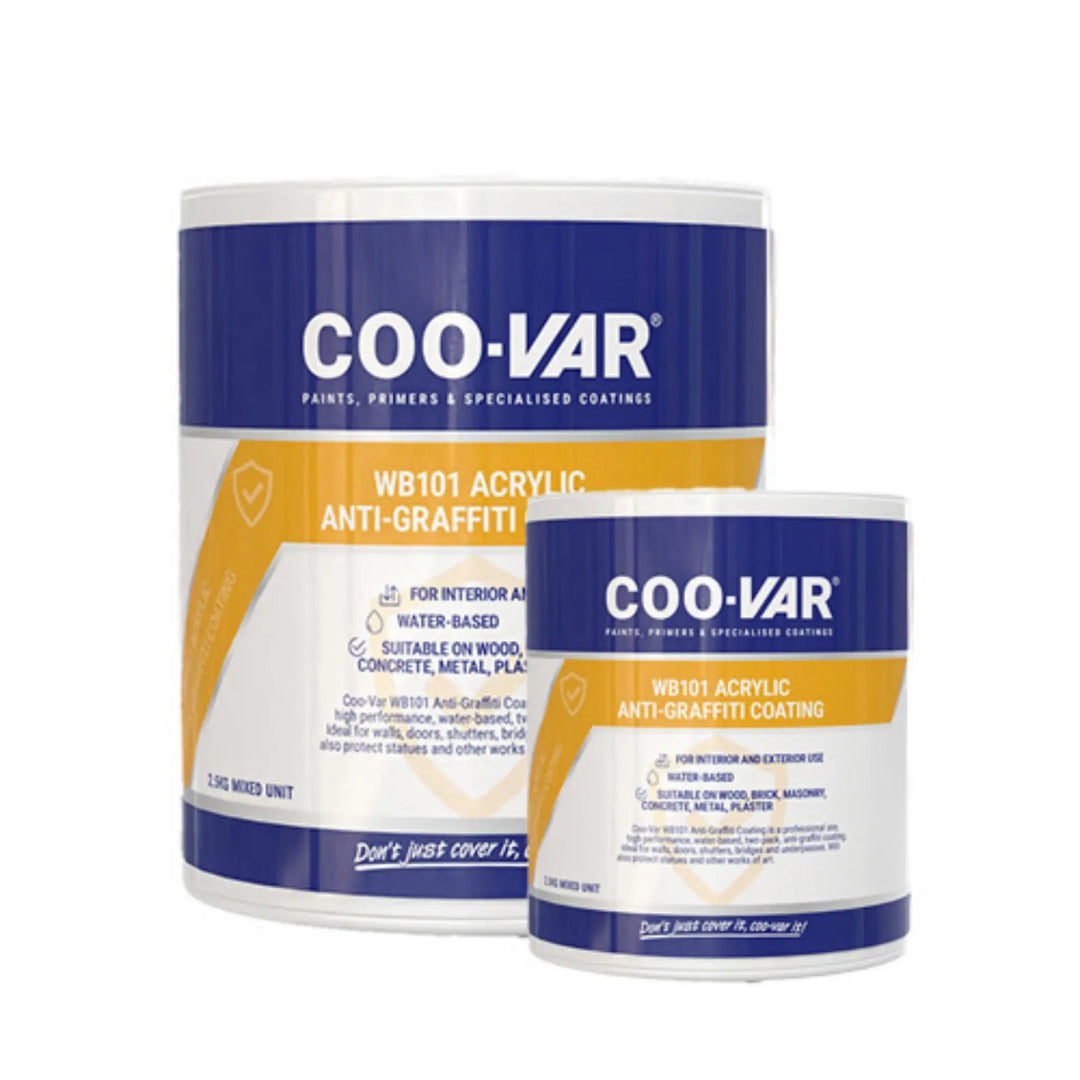 Two cans of COO-VAR WB101 Acrylic Anti-Graffiti Coating on a white background