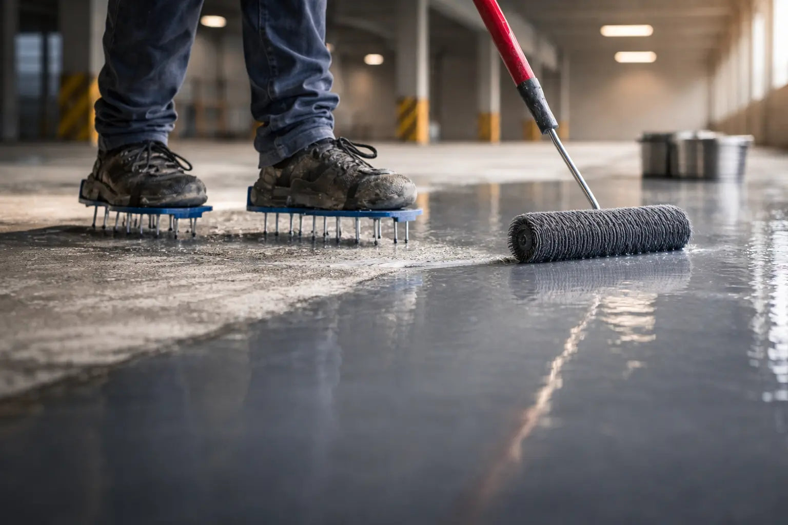 Epoxy Floor Paint being applied by roller and pole with a man wearing spiked shoes 