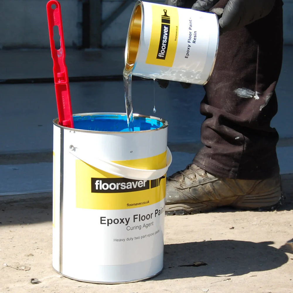 Blue Floorsaver Epoxy floor paint being mixed 