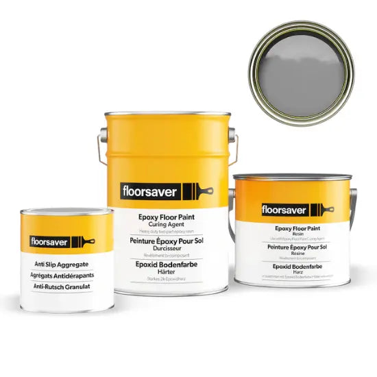 Three cans of Floorsaver epoxy floor paint on a white background