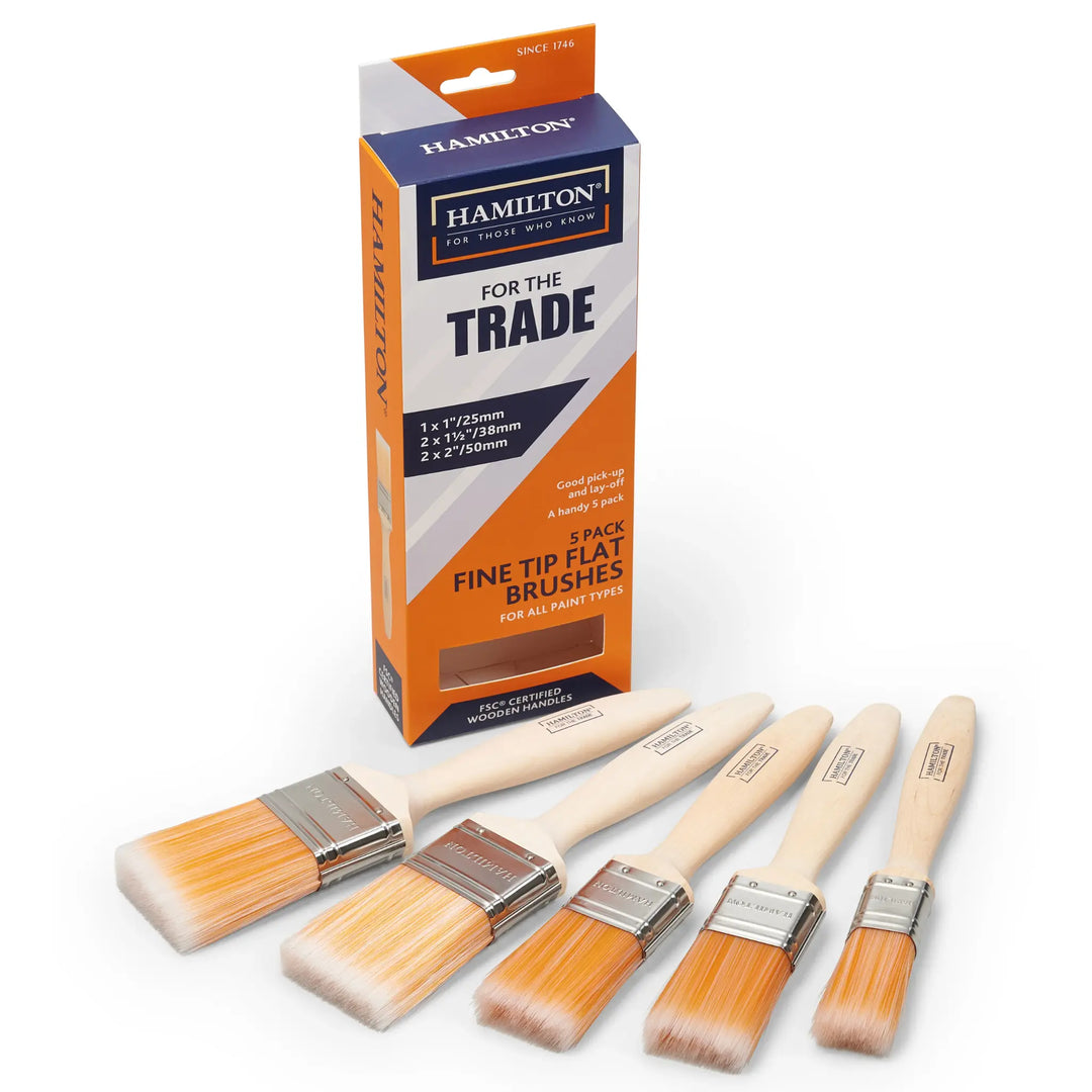 Set of Hamilton fine tip flat brushes with packaging on a white background