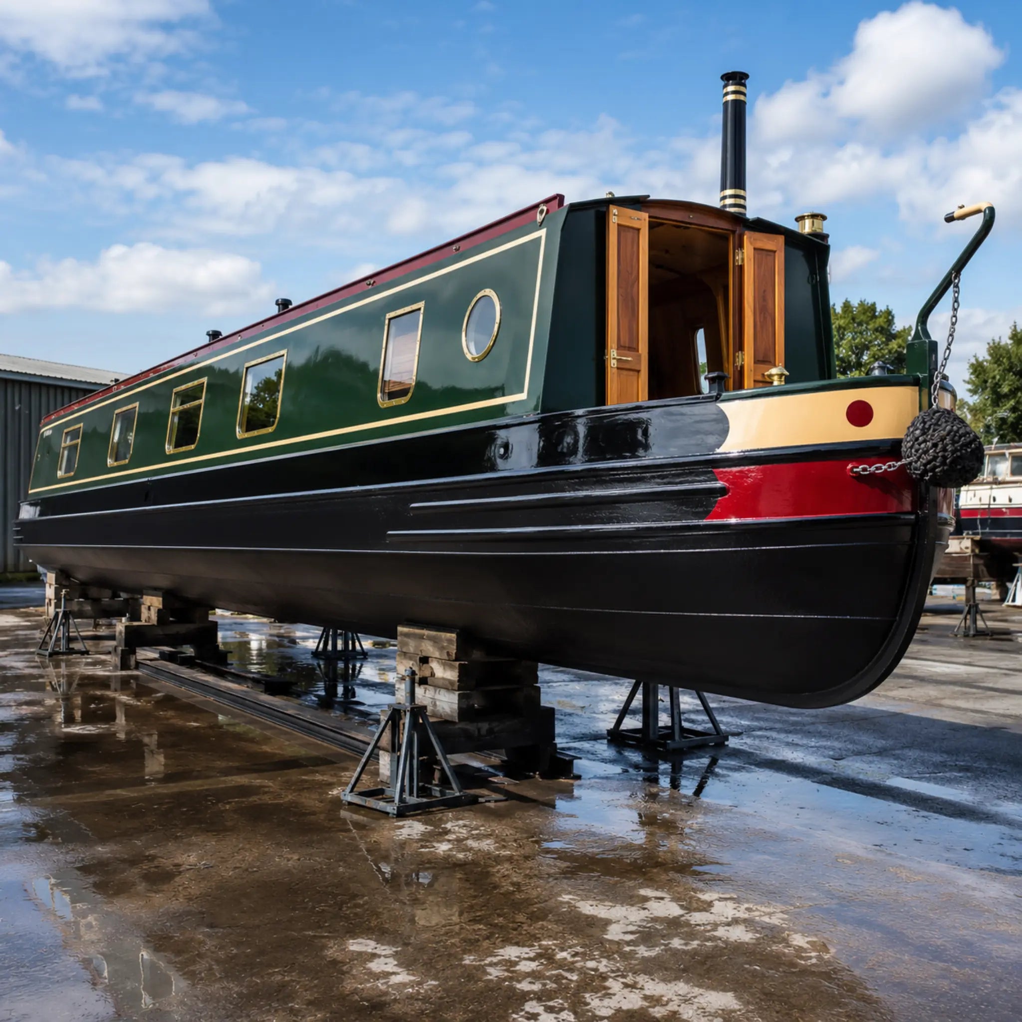 Freshly painted green and black boat with a red stripe on a wet dock under a blue sky.