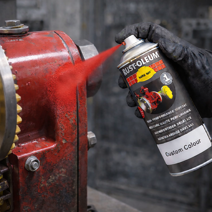 Person using Rust-Oleum spray paint can on a red metal surface.