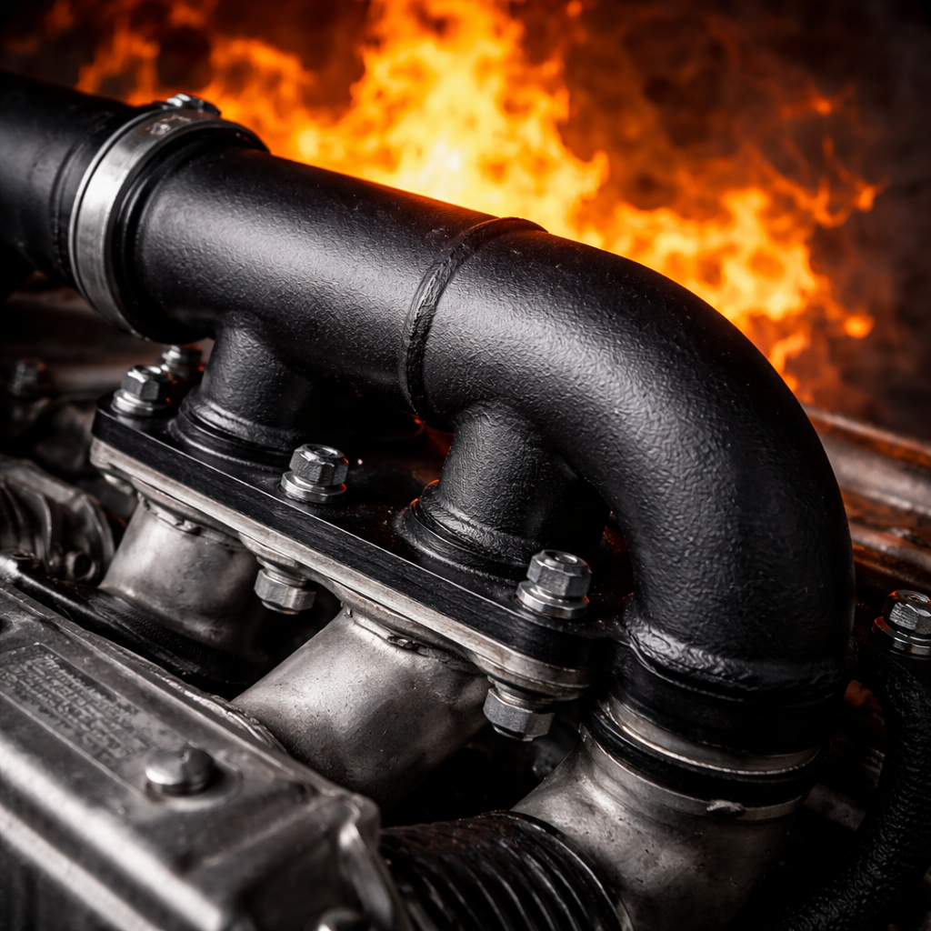 Engine with black pipe against a fiery background