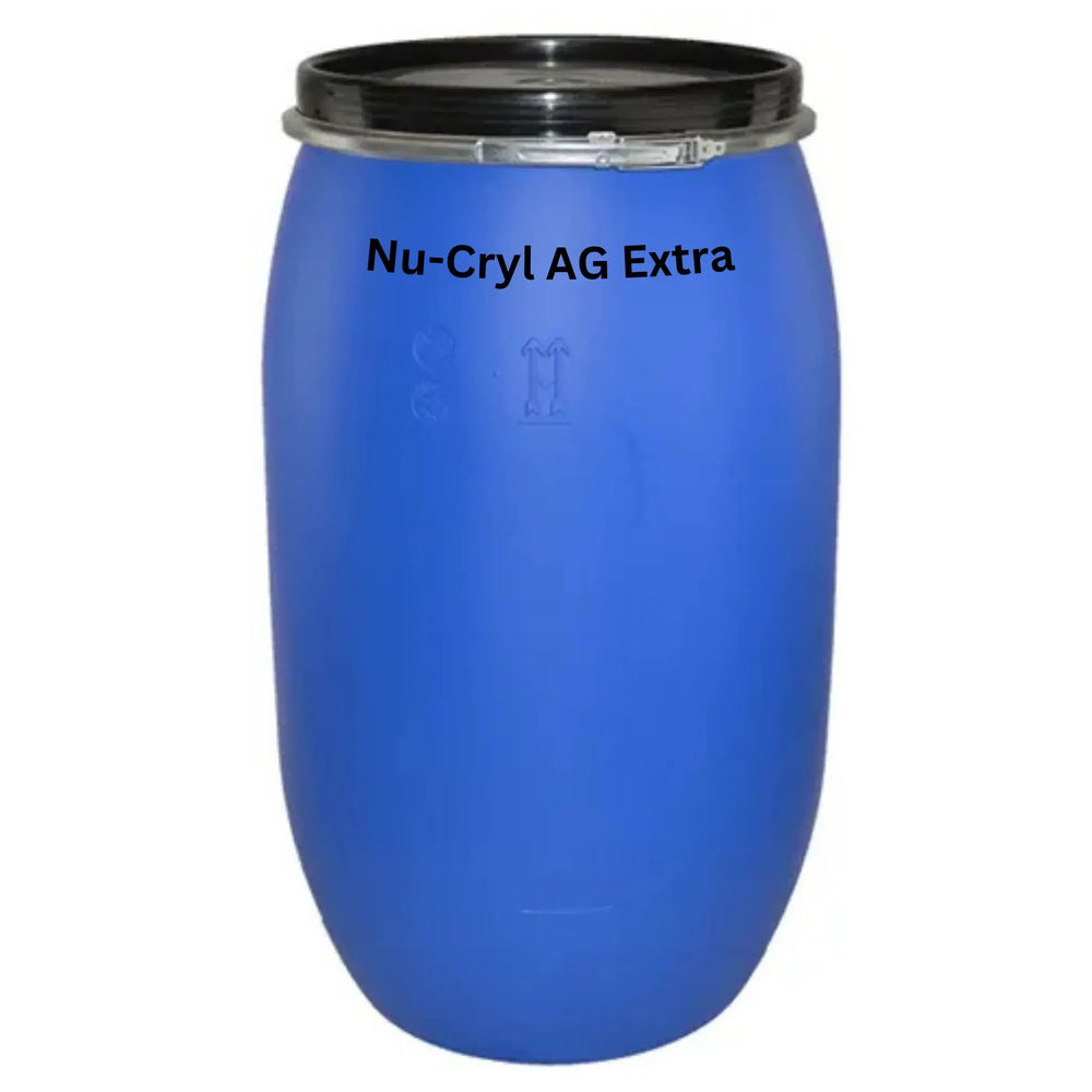 Blue cylindrical container with black lid labeled 'Nu-Cryl AG Extra' on a white background