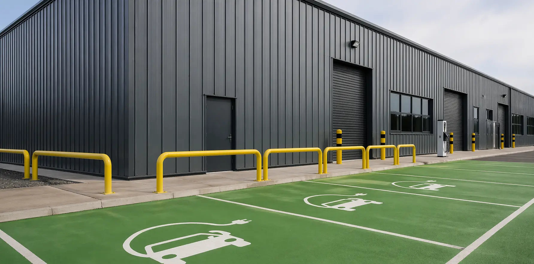 Industrial building with a green parking area featuring accessibility symbols.