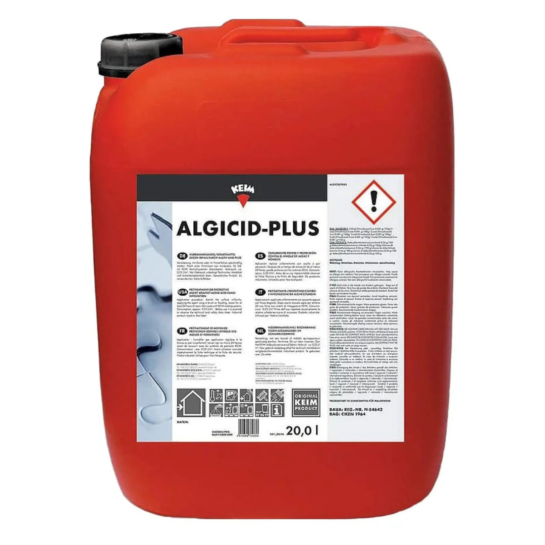 Red container of Algicid-Plus with a label on a white background