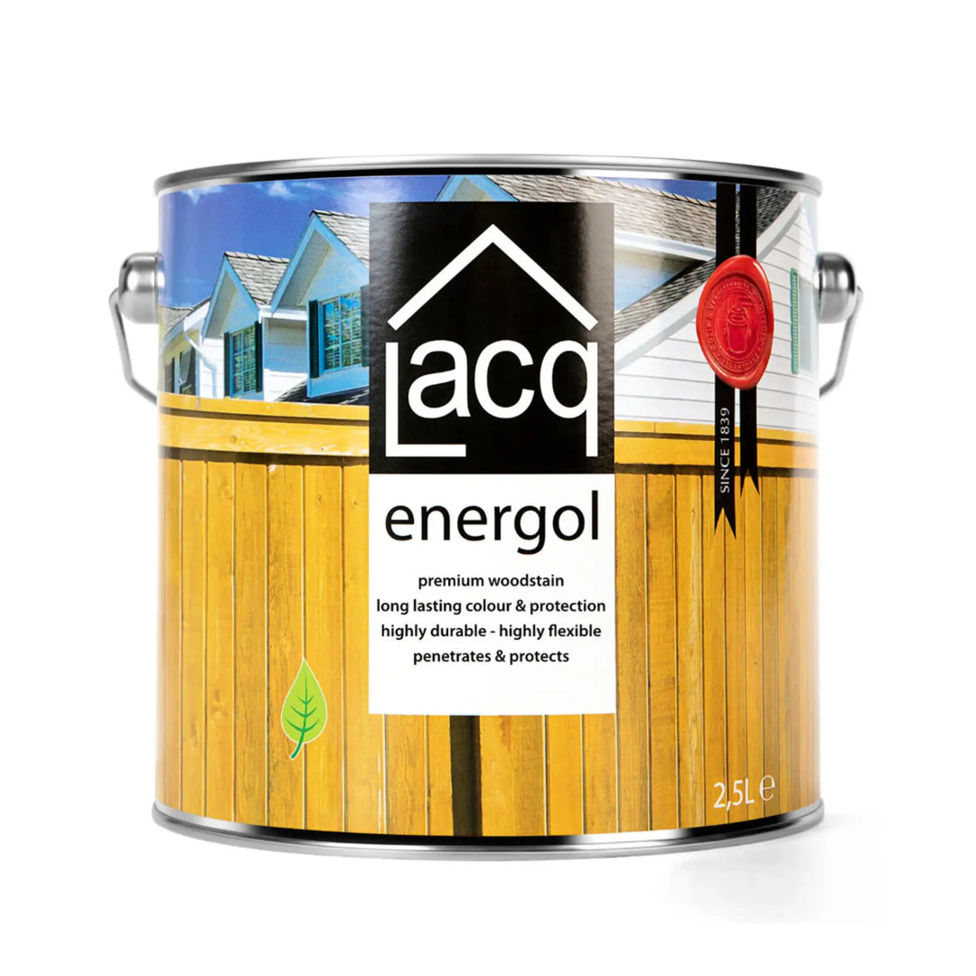 Lacq Energol woodstain can with label on a white background