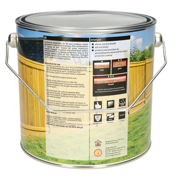 Lacq Energol woodstain back of tin on white background