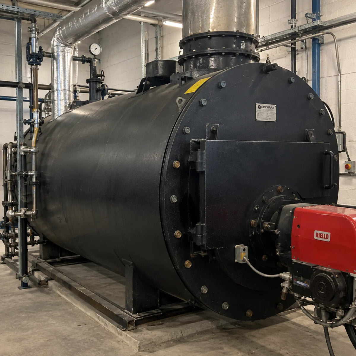Black industrial boiler coated with high-temperature paint, with flue, pipework and pressure gauges