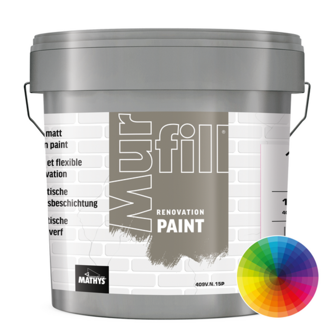 Paint bucket labeled 'Mutfill Renovation Paint' with a color wheel on a white background