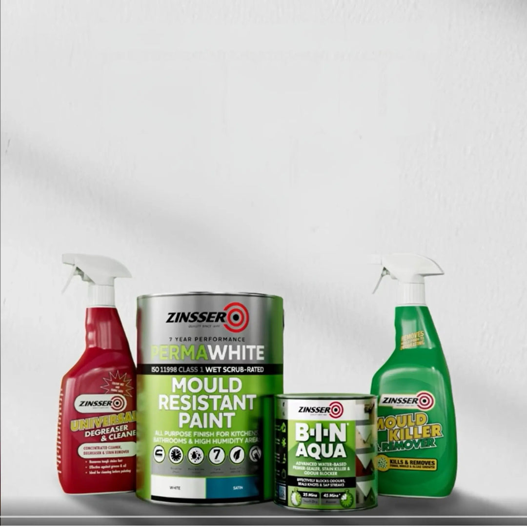 Collection of Zinsser cleaning and paint products on a white background