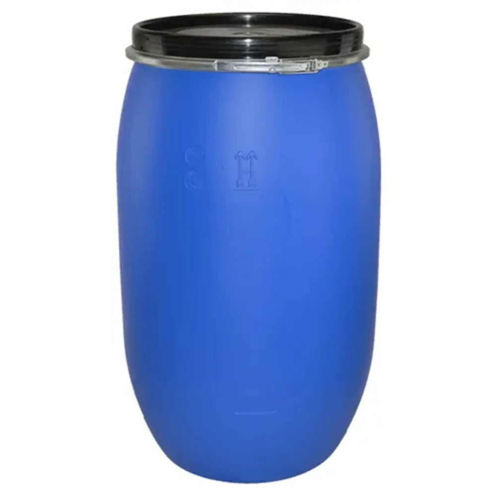 Blue plastic drum with a black lid on a white background