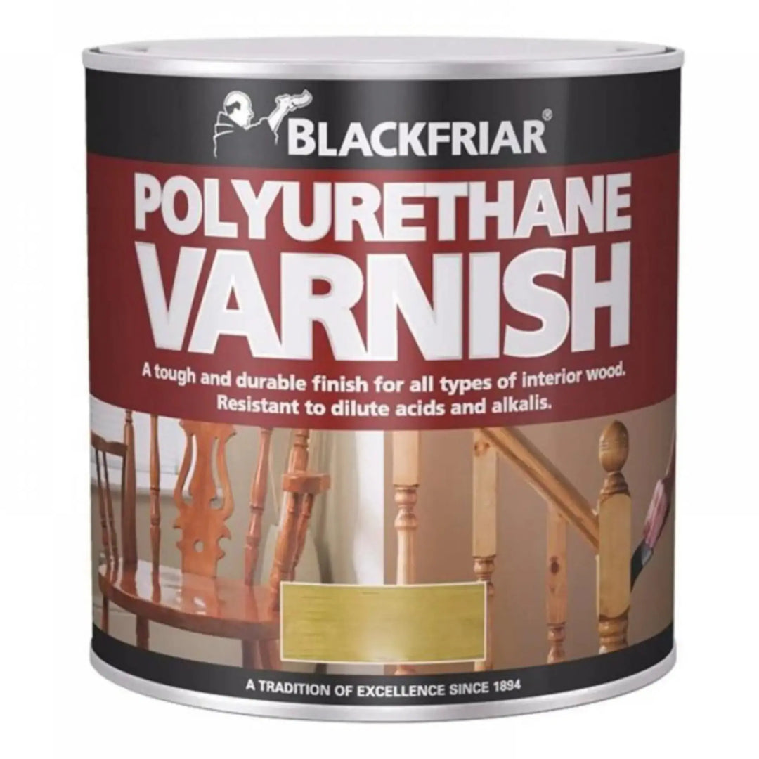 Can of Blackfriar Polyurethane Varnish with a wooden staircase background