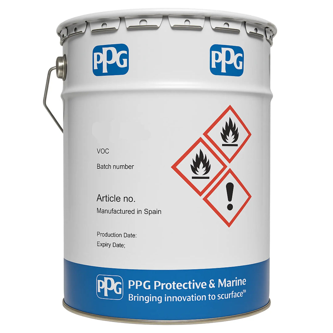 PPG paint can with safety labels on a white background