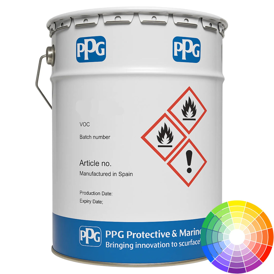 PPG paint bucket with safety labels and color swatch on a white background