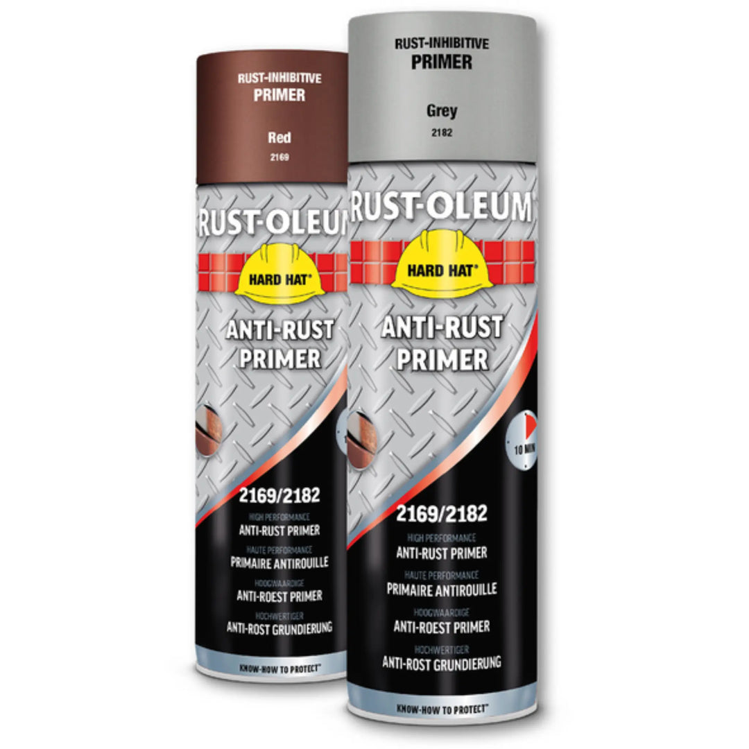 Two Rust-Oleum anti-rust primer cans on a white background