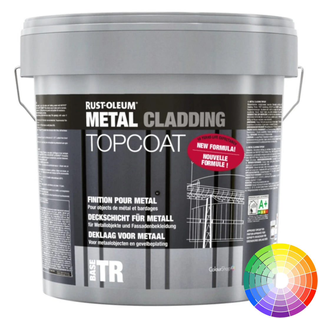 Rust-Oleum Metal Cladding Topcoat with colour wheel with white background