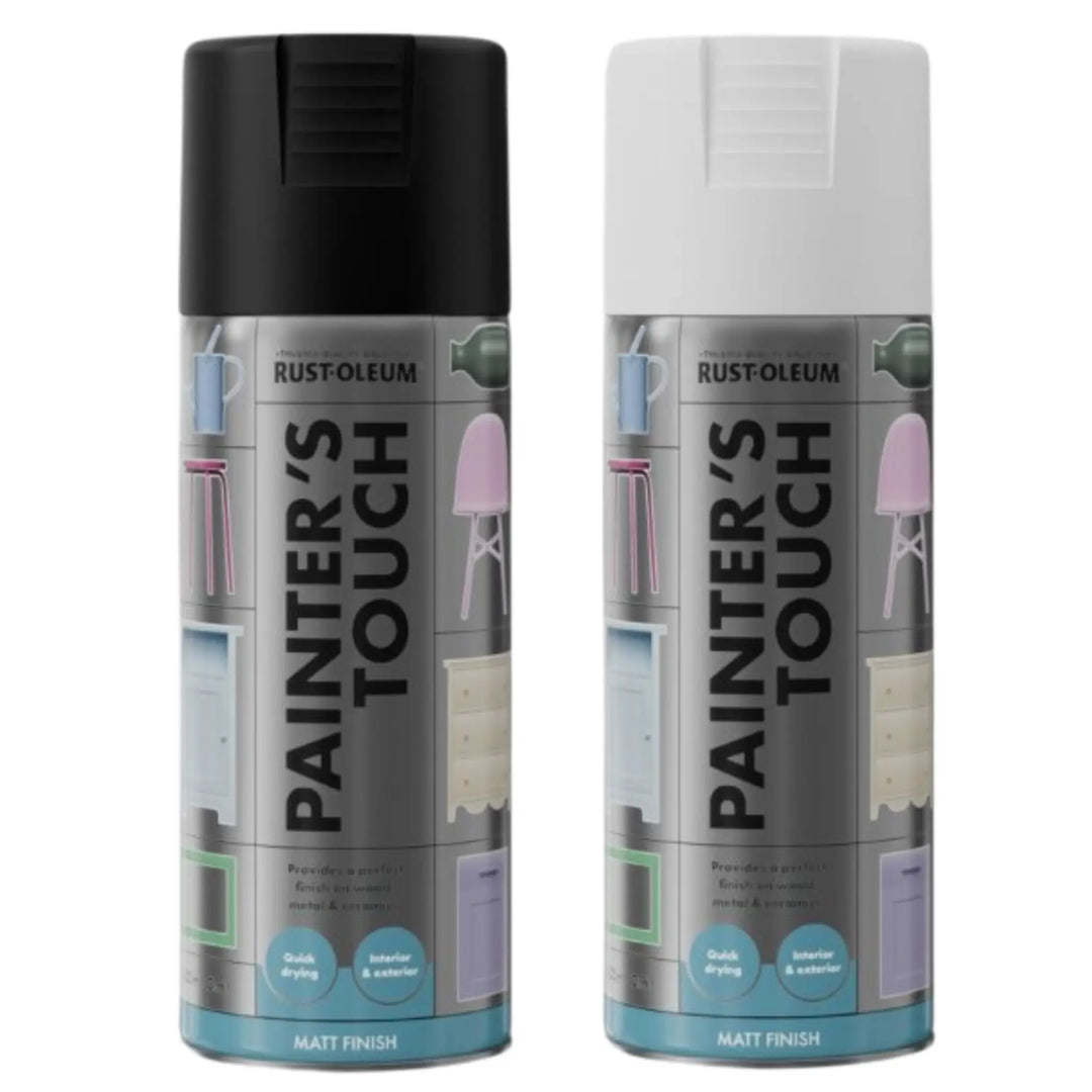 Two Rust-Oleum Painter's Touch spray paint cans on a white background