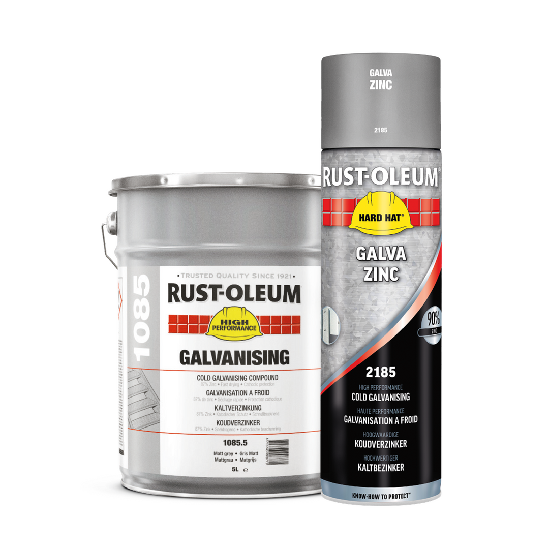 Two Rust-Oleum paint cans, one in a can and one in a spray can, on a white background.