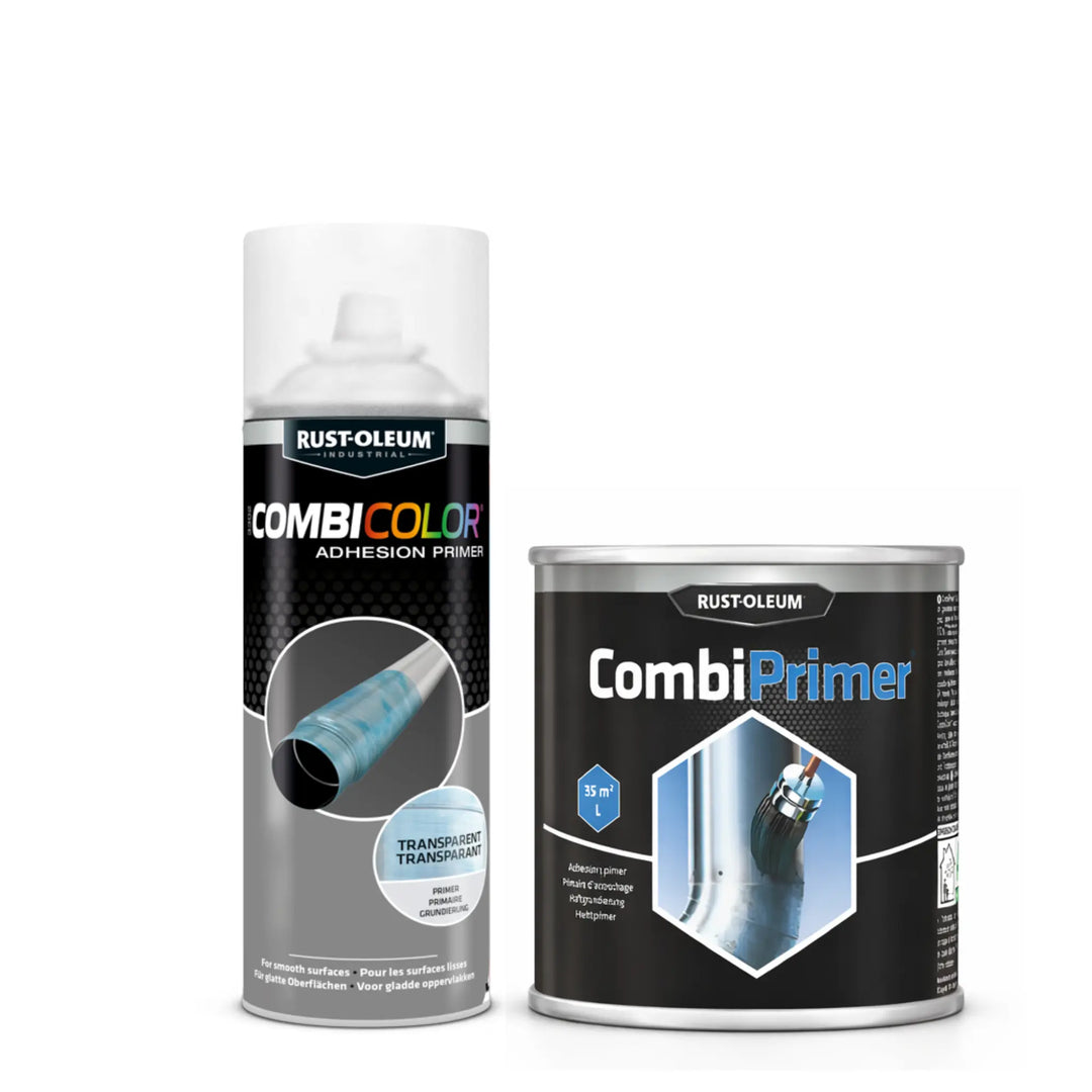 Two Rust-Oleum paint cans, one spray and one can, on a white background