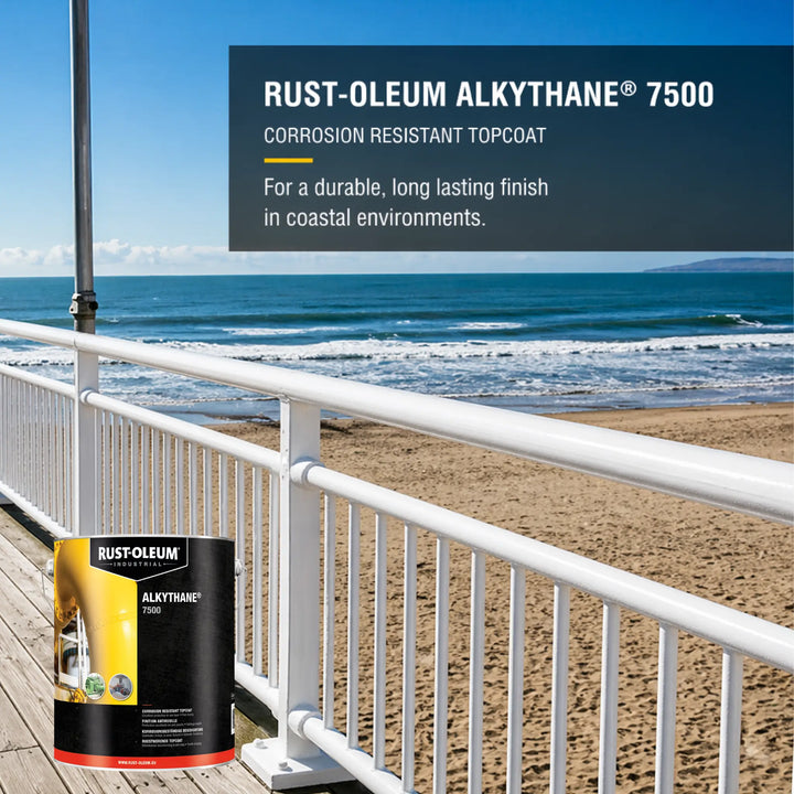 Rust-Oleum 7500 Alkythane painted in white on external railings on the seafront 