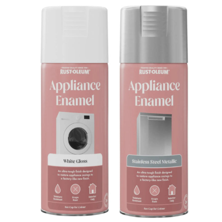 Two Rust-Oleum Appliance Enamel spray cans on a white background
