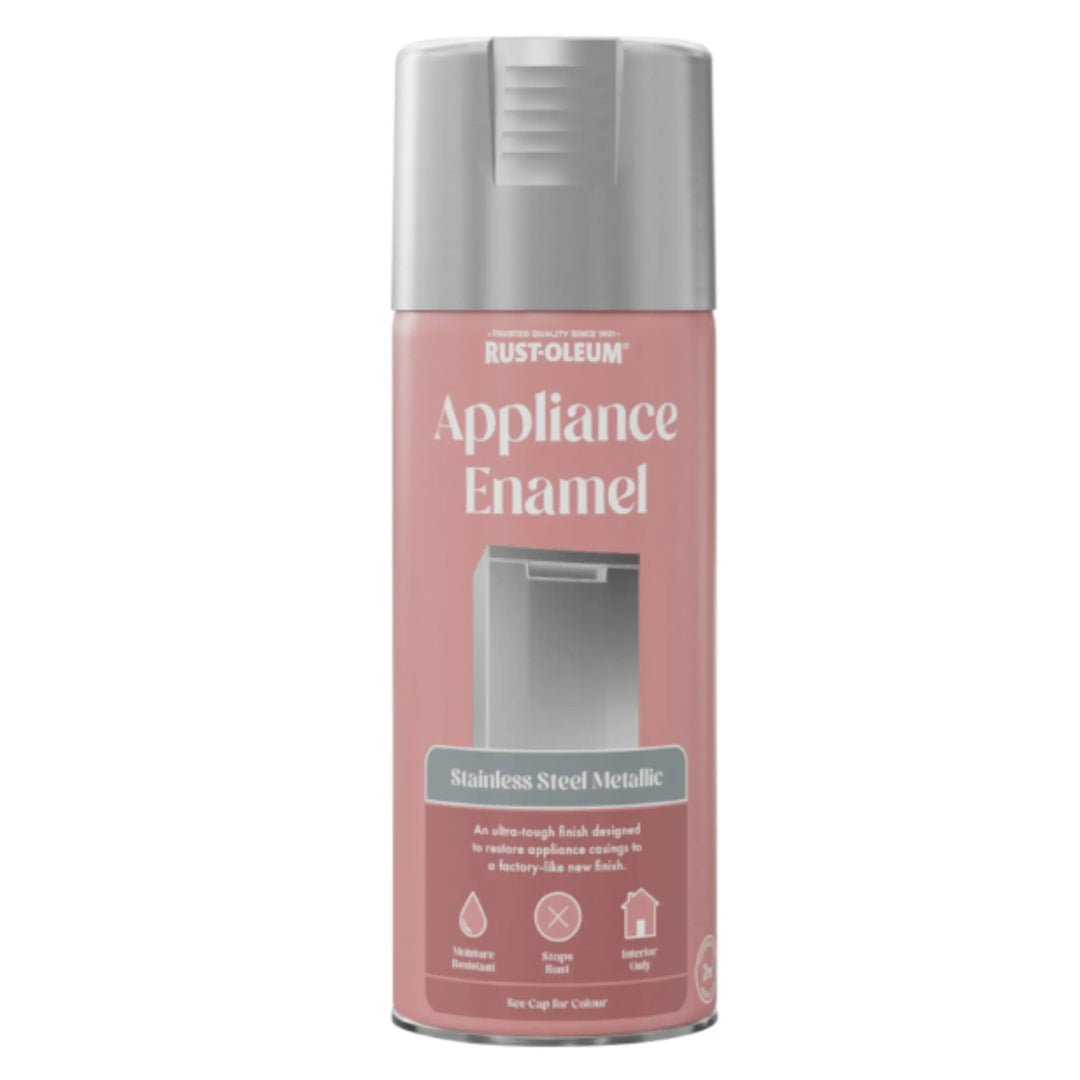 Rust-Oleum Appliance Enamel spray can in Stainless Steel Metallic on a white background