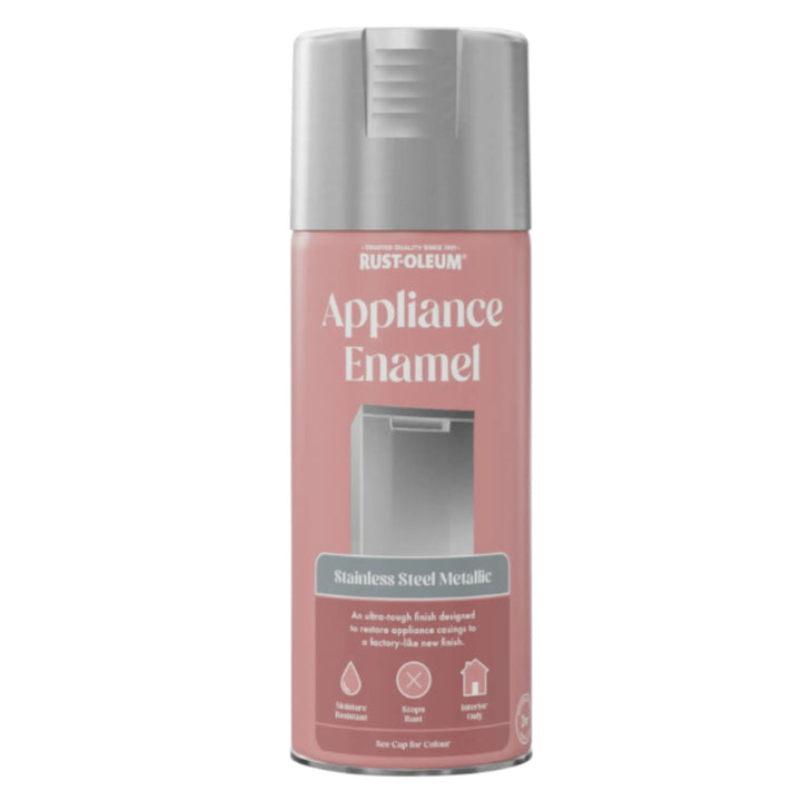 Rust-Oleum Appliance Enamel spray can in Stainless Steel Metallic on a white background