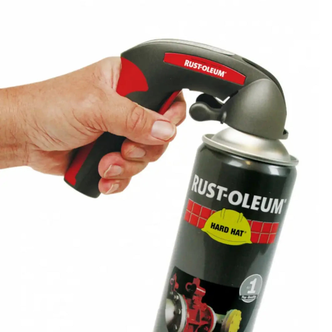 Hand holding a Rust-Oleum spray paint can with a white background using the comfort spray grip