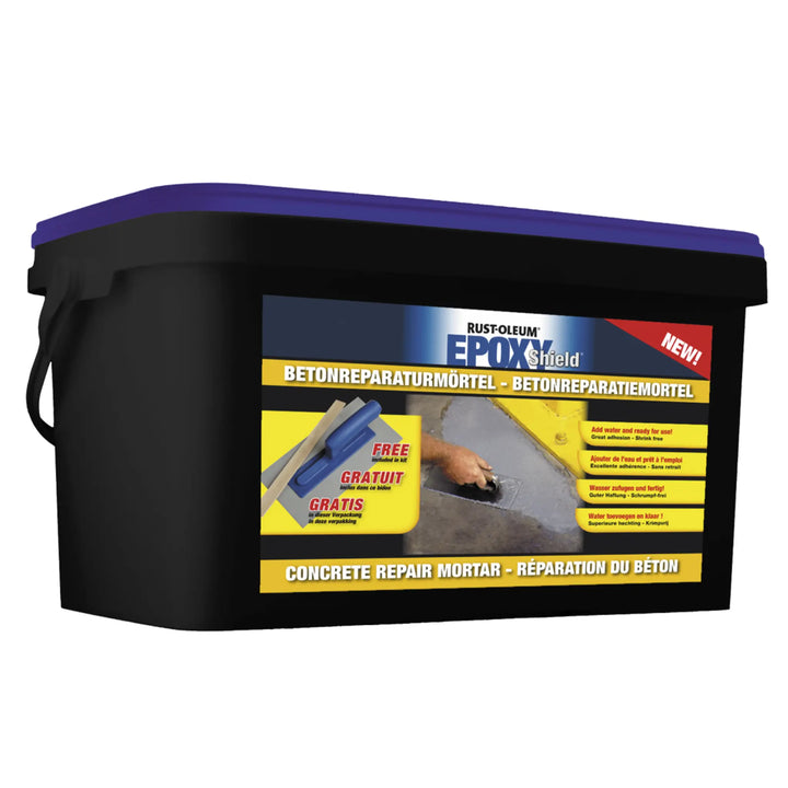 Black container of Rust-Oleum EpoxyShield concrete repair mortar with purple lid on a white background