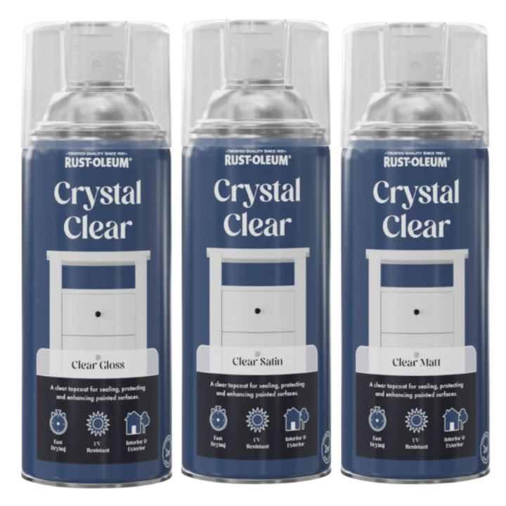 Three Rust-Oleum Crystal Clear spray paint cans on a white background