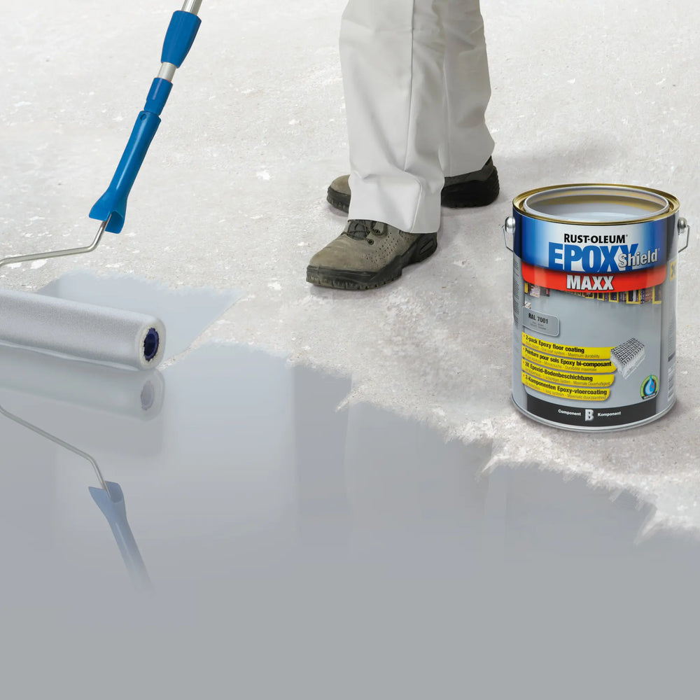 Person painting a surface with Rust-Oleum Epoxy Shield Maxx paint can and roller visible.