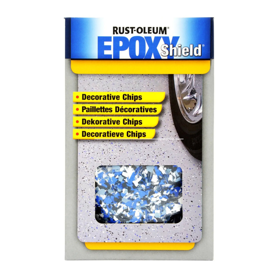 Rust-Oleum Epoxy Shield decorative chips packaging with blue and silver chips.