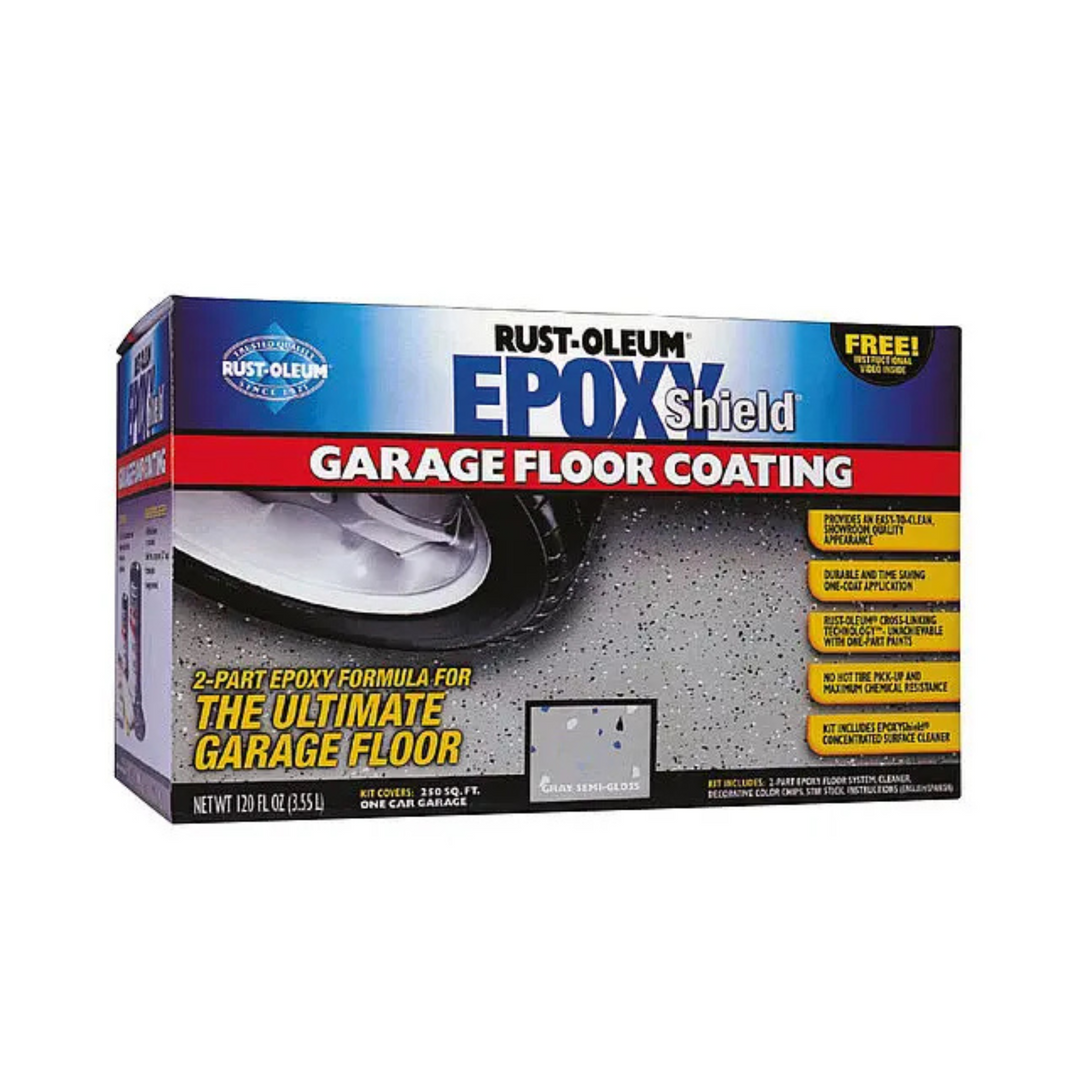 Box of Rust-Oleum Epoxy Shield Garage Floor Coating on a white background