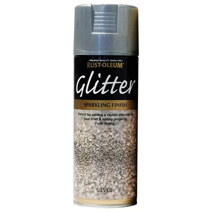 Silver glitter spray paint can with Rust-Oleum branding on a white background