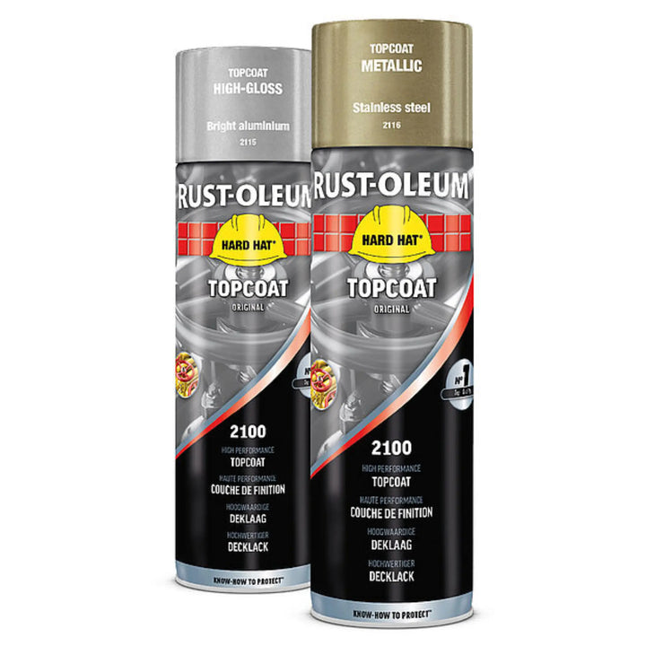 Two Rust-Oleum spray paint cans on a white background