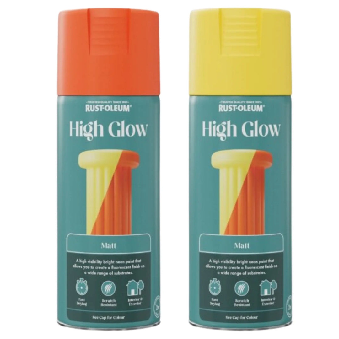 Two Rust-Oleum High Glow spray paint cans with orange and yellow lids on a white background.