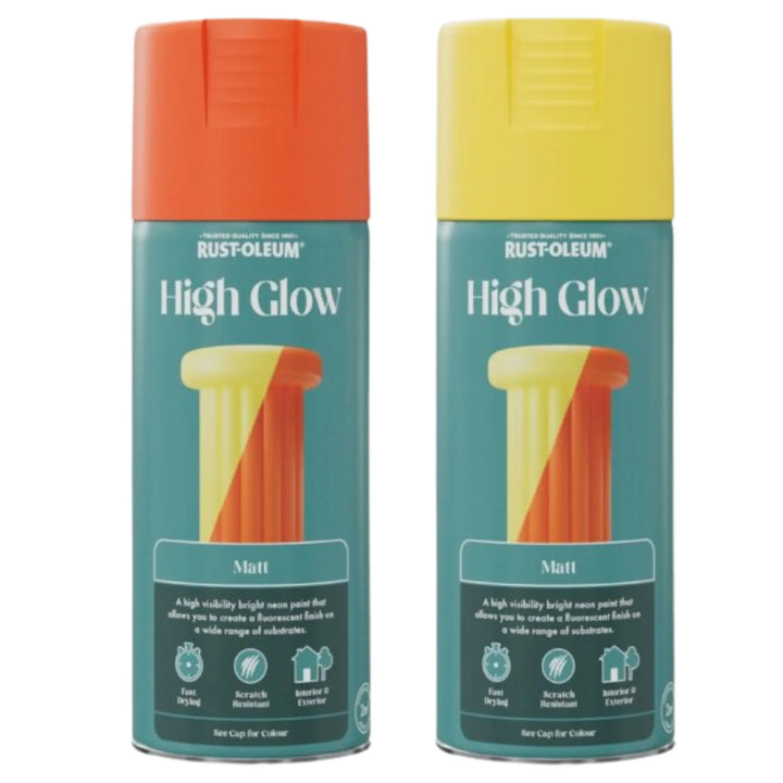 Two Rust-Oleum High Glow spray paint cans with orange and yellow lids on a white background.