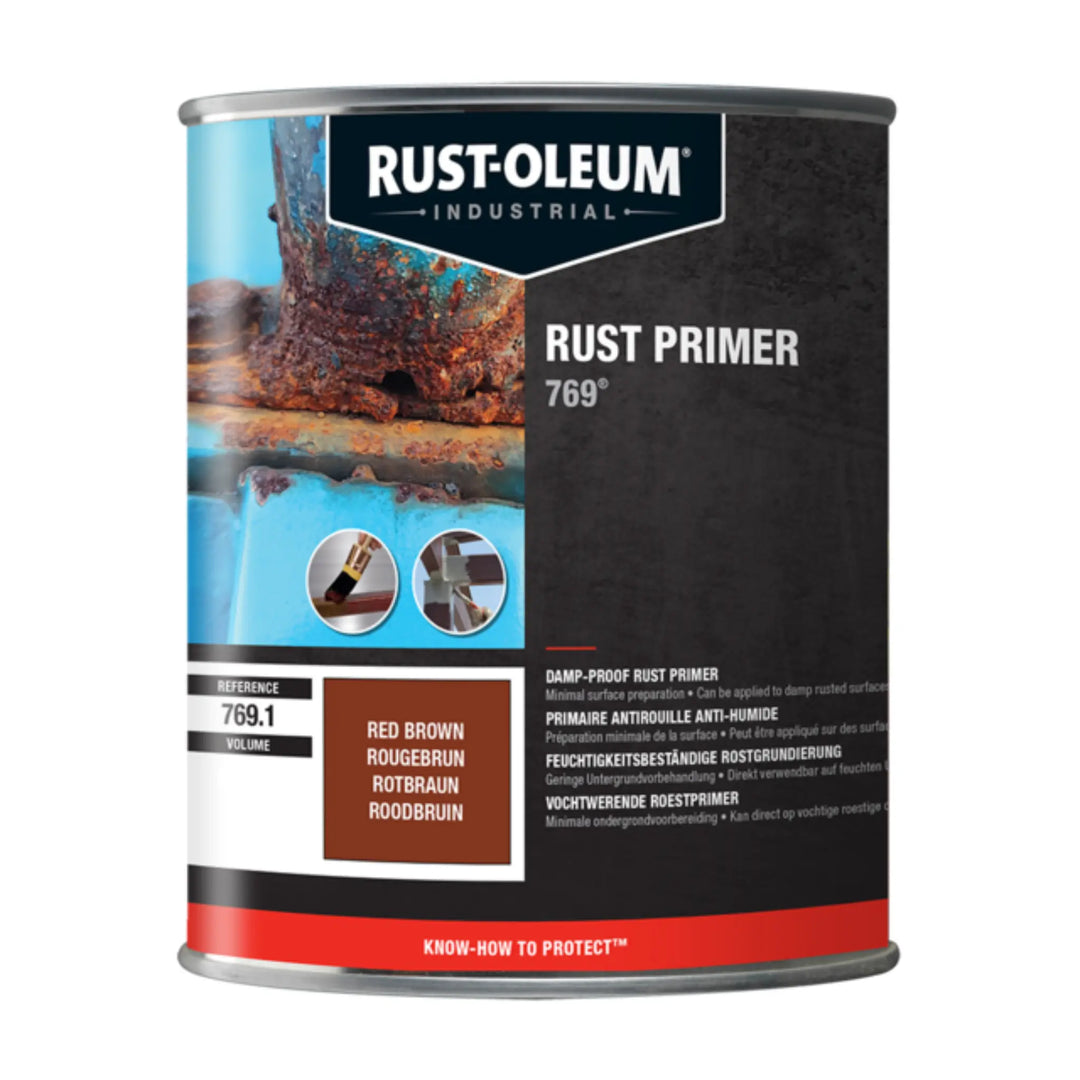 A can of Rust-Oleum Industrial Rust Primer 769 with a black and red label, showing an image of a metal surface being primed.