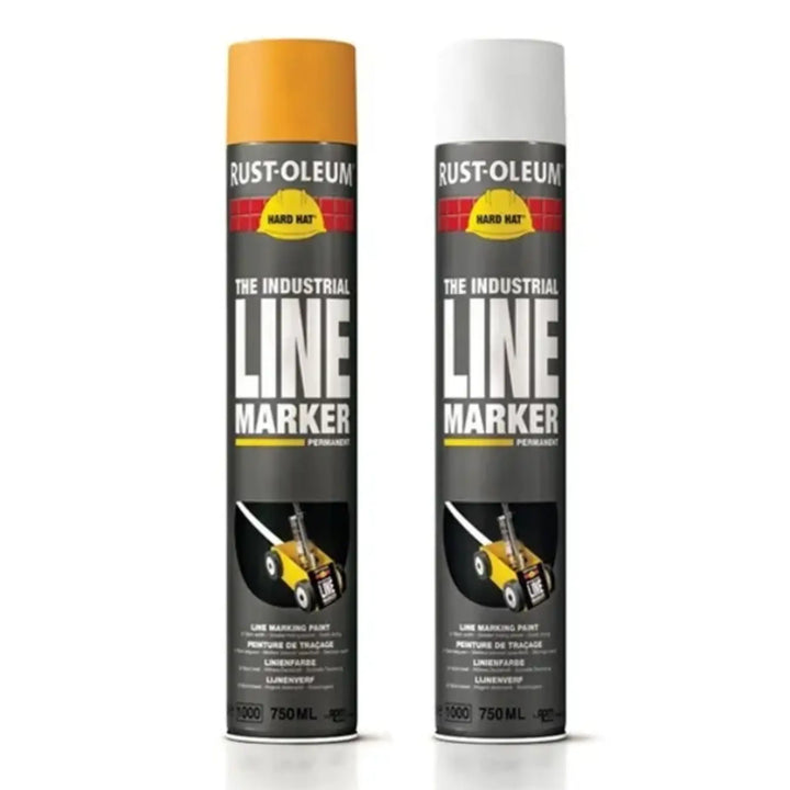 Two cans of Rust-Oleum Line Marker spray paint on a white background