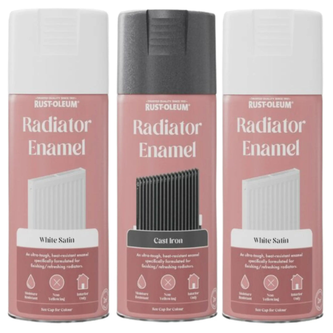 Three cans of Rust-Oleum Radiator Enamel on a white background