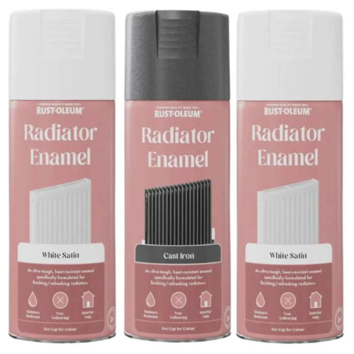 Three cans of Rust-Oleum Radiator Enamel on a white background