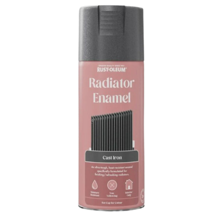 Rust-Oleum Radiator Enamel spray can on a white background
