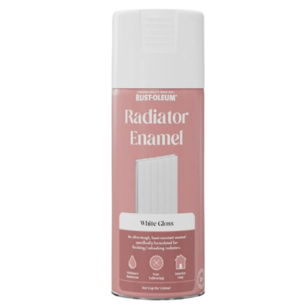 Rust-Oleum Radiator Enamel spray can on a white background