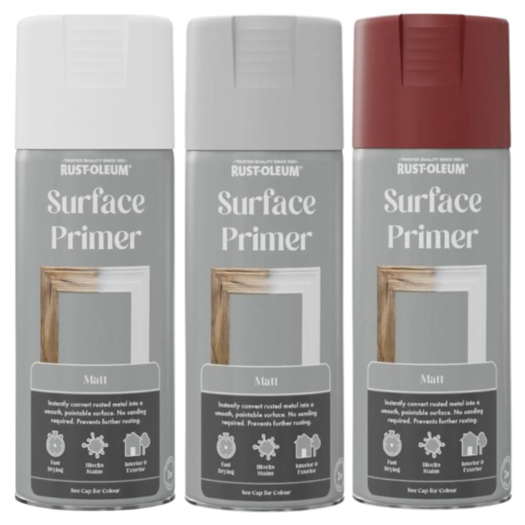 All Rust-Oleum Surface Primer aerosols on a white background