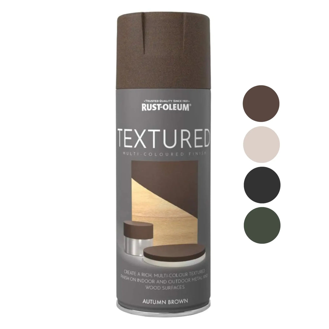 Rust-Oleum Textured spray paint can in Autumn Brown with color swatches on a white background