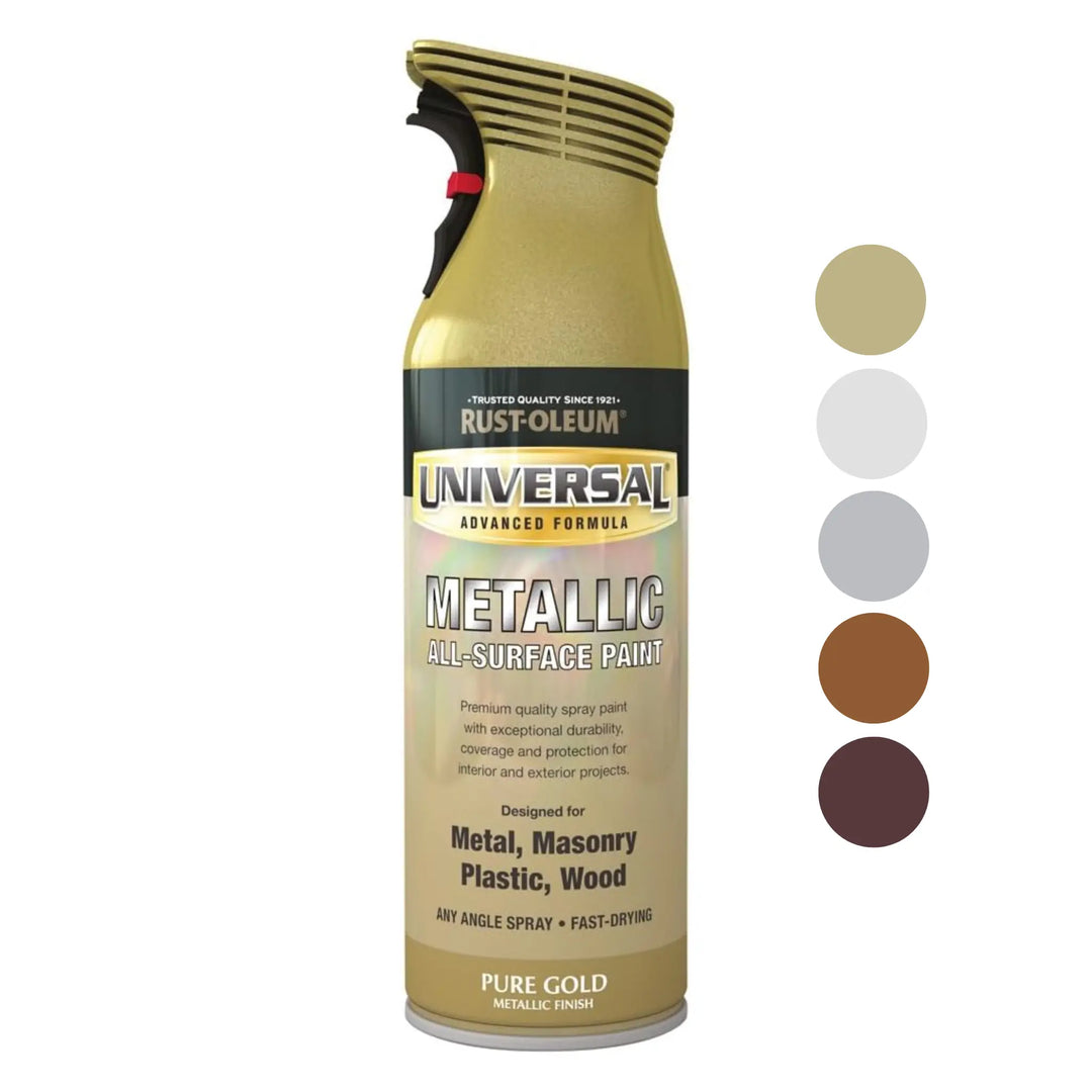 Rust-Oleum Universal Metallic spray paint can with color swatches on a white background