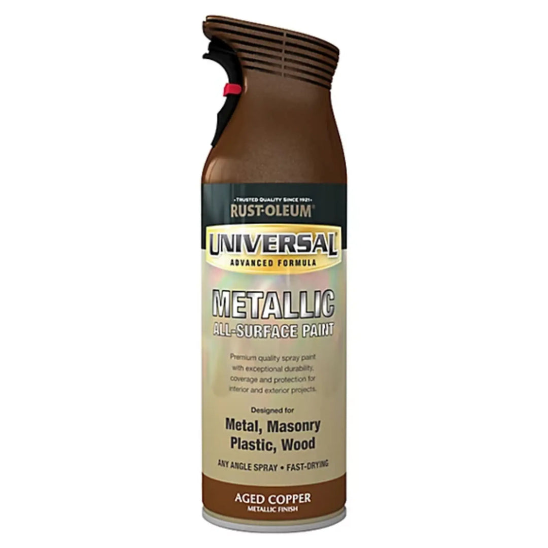 Rust-Oleum Universal Metallic spray paint can in Aged Copper on a white background